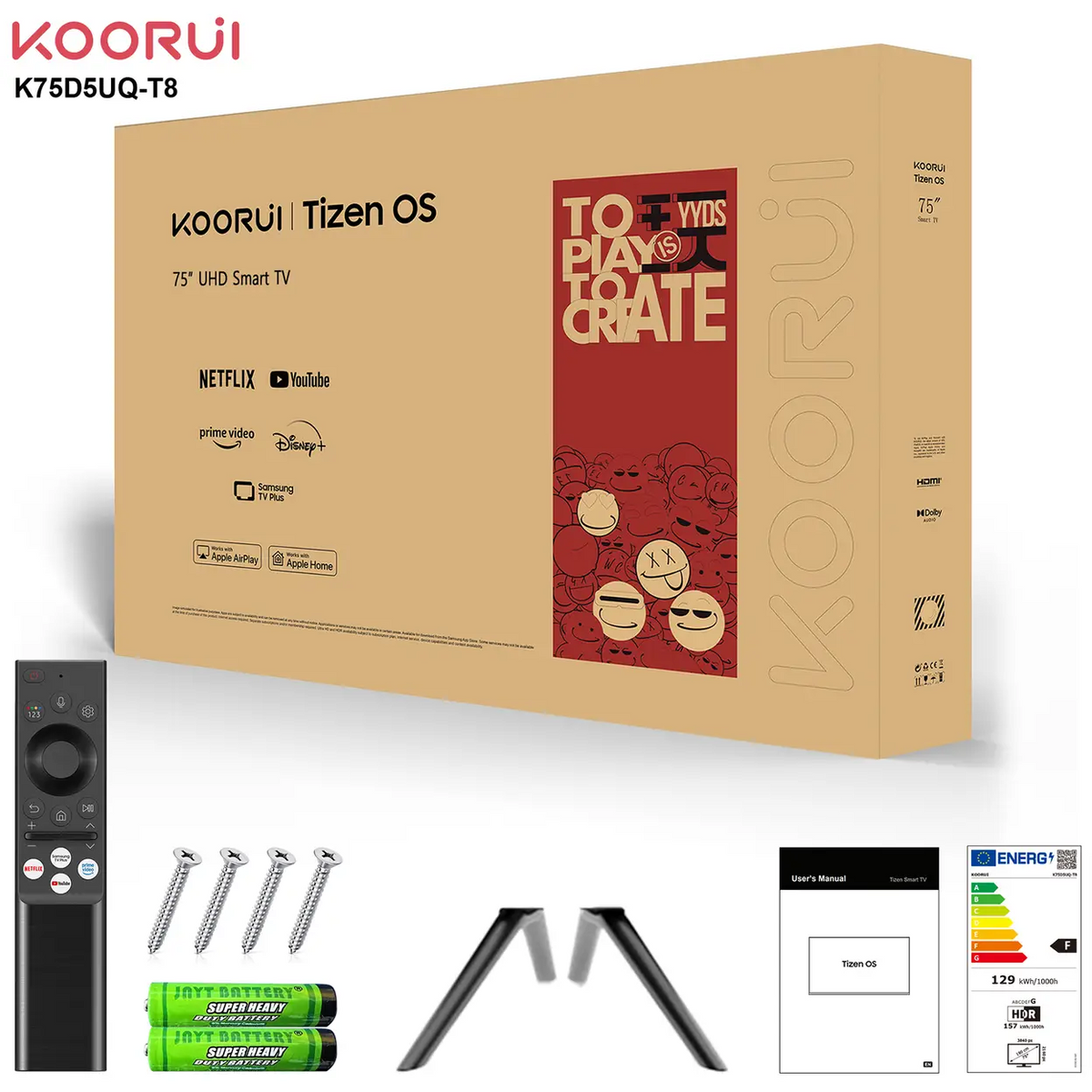KOORUI K75D5UQ-T8, 75 pouces, 4K QLED, TIZEN TV, Design sans bords, Son dynamique avec Dolby Audio, Finition métallique haut de gamme