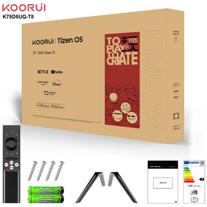 KOORUI K75D5UQ-T8, 75 pouces, 4K QLED, TIZEN TV, Design sans bords, Son dynamique avec Dolby Audio, Finition métallique haut de gamme