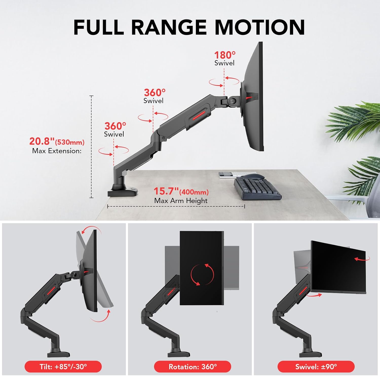 Bras de moniteur réglable simple pour support de bureau KOORUI KR20Y 