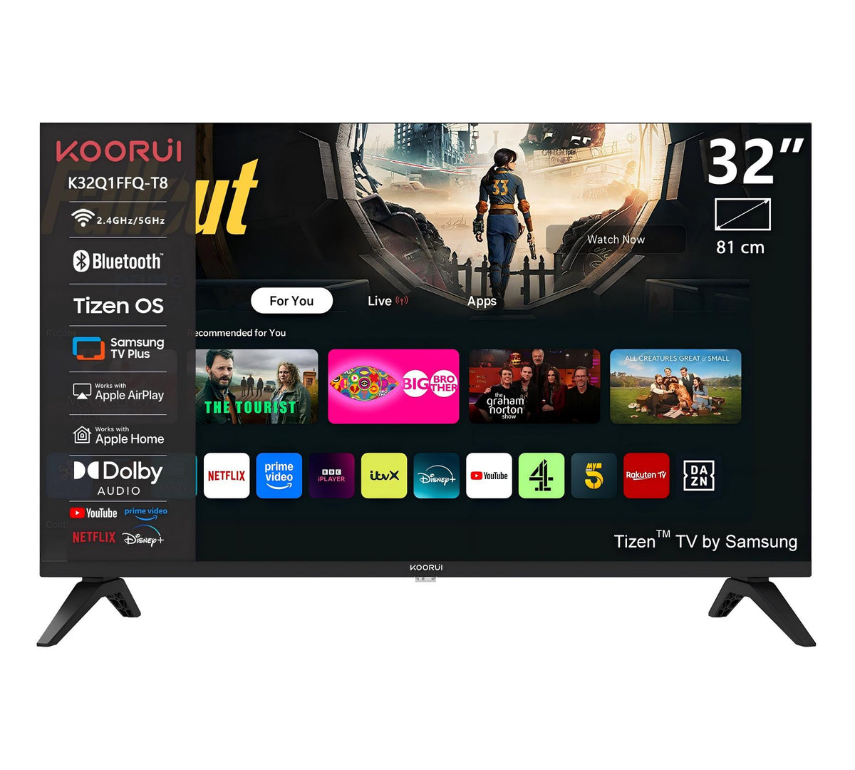 KOORUI K32Q1FFQ-T8, 32 pouces, Full HD QLED, TIZEN TV, Taille compacte avec écran coloré, Son dynamique avec Dolby Audio, Finition métallique haut de gamme