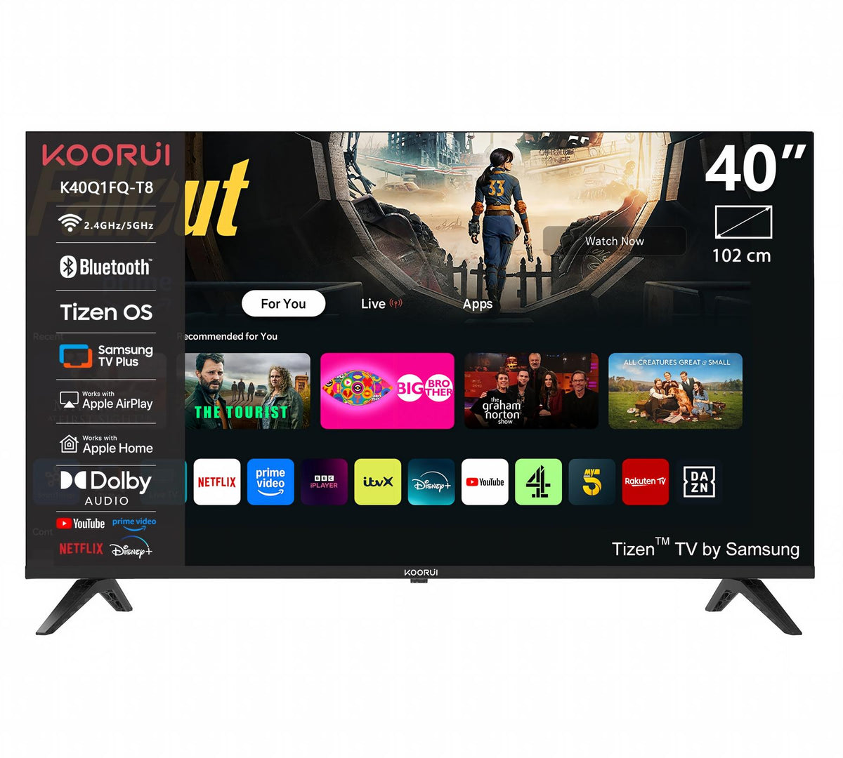 KOORUI K40Q1FQ-T8, 40 pouces, Full HD QLED, TIZEN TV, Taille compacte avec écran coloré, Son dynamique avec Dolby Audio, Finition métallique haut de gamme