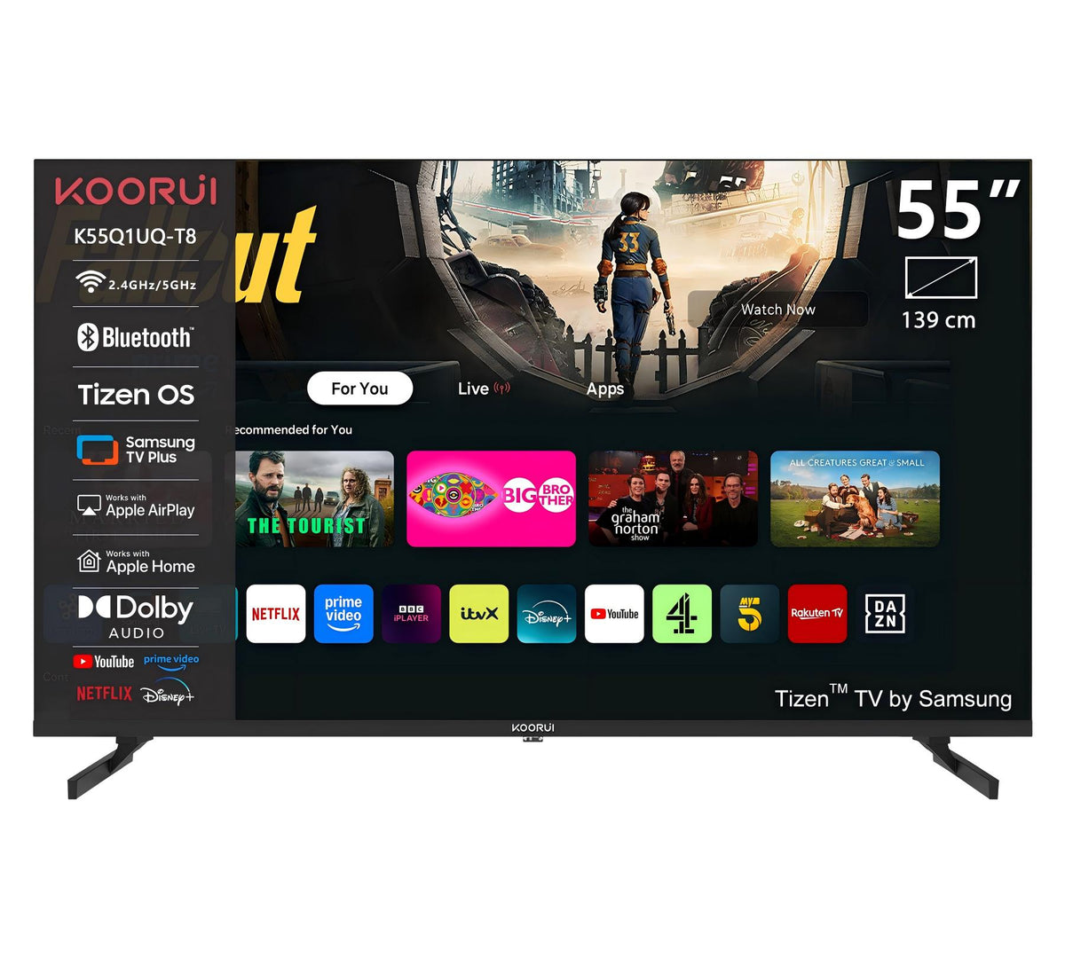 KOORUI K55Q1UQ-T8, 55 pouces, 4K QLED, TV Tizen, Design sans bordure, Son dynamique avec Dolby Audio, Finition métallique haut de gamme